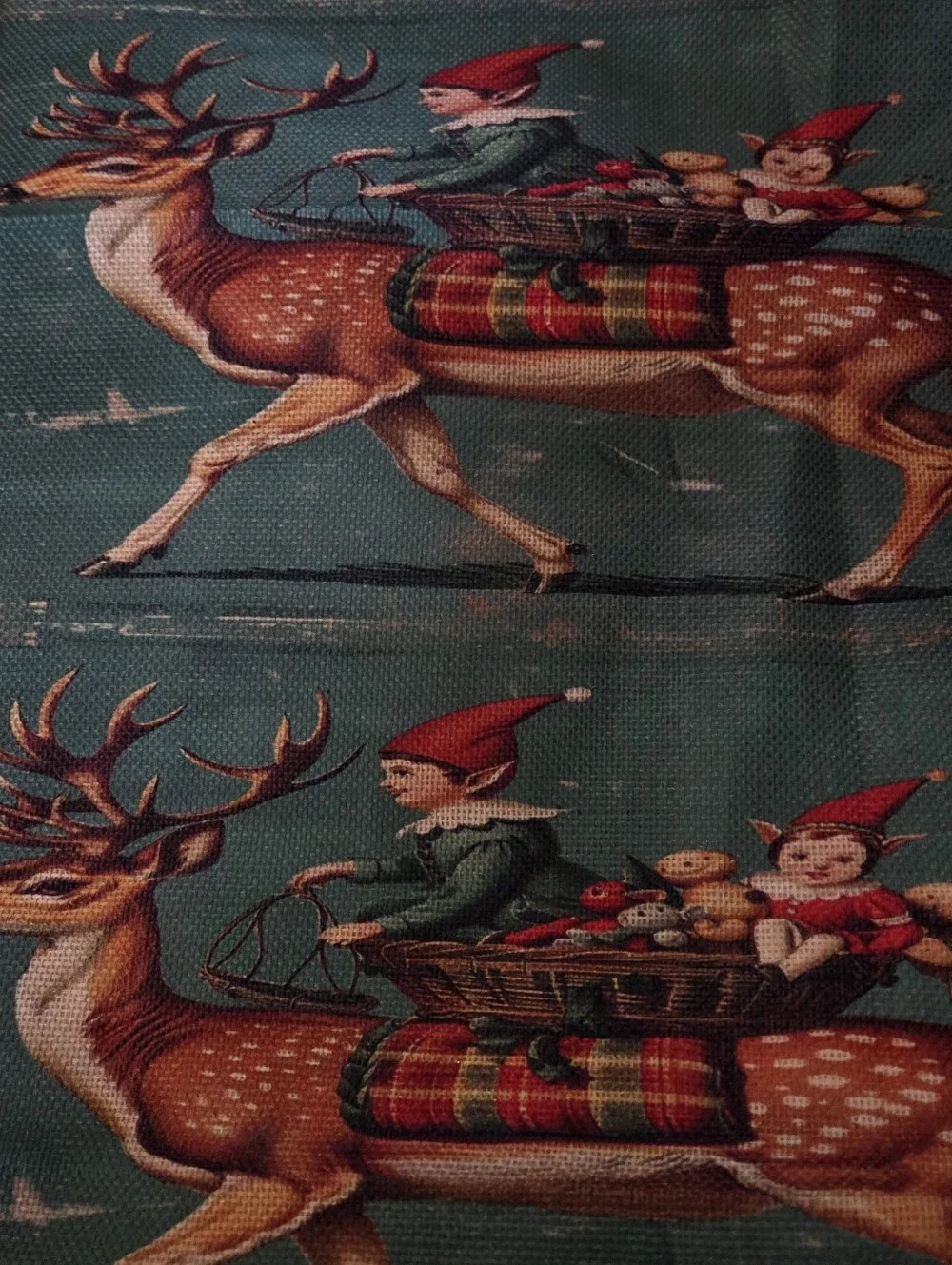 German Barvarian Christmas Tablecloth Runner Elves Reindeers Retro Cottagecore